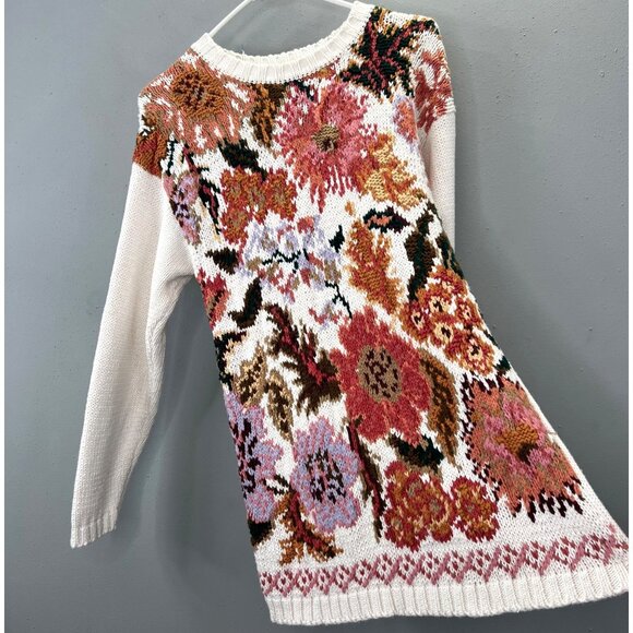 Vintage Rachel Max Chunky Floral Tunic Sweater M Cottagecore Cream Mustard Pink - Picture 3 of 5